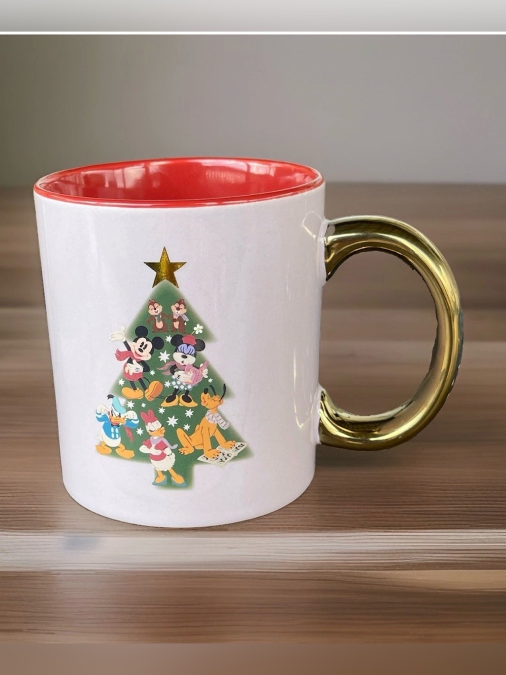 Disney Mickey Mouse Christmas Tree Mug Minnie Donald Daisy Pluto Red White Gold
